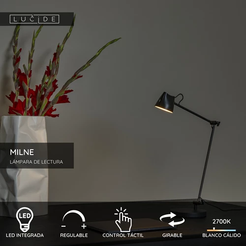Lucide MILNE - Lámpara de lectura - LED Regul. - 1x8W 2700K - Negro - USP